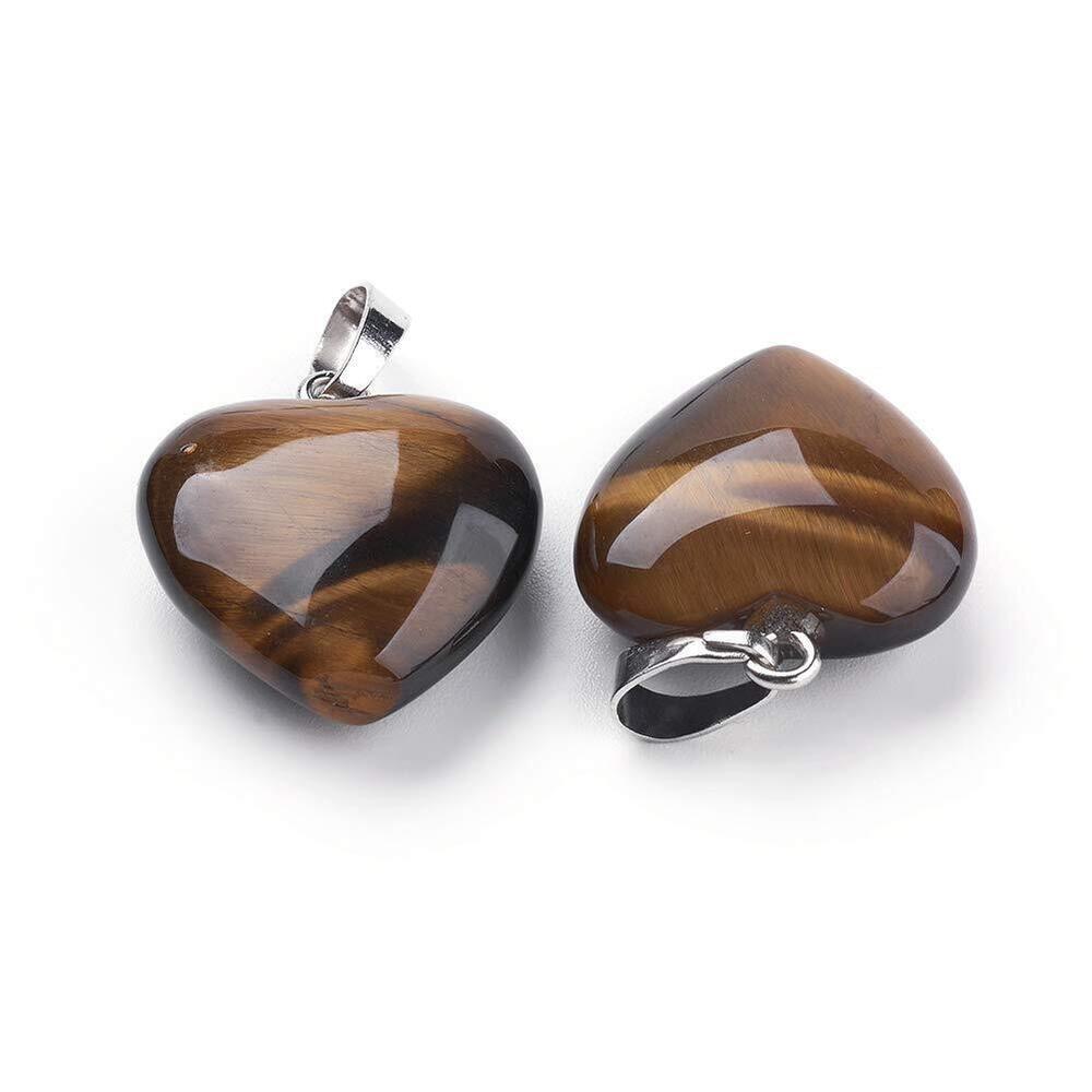 2576 10Pcs Natural Tiger Eye Heart Gemstone Pendants 23x20mm with Brass